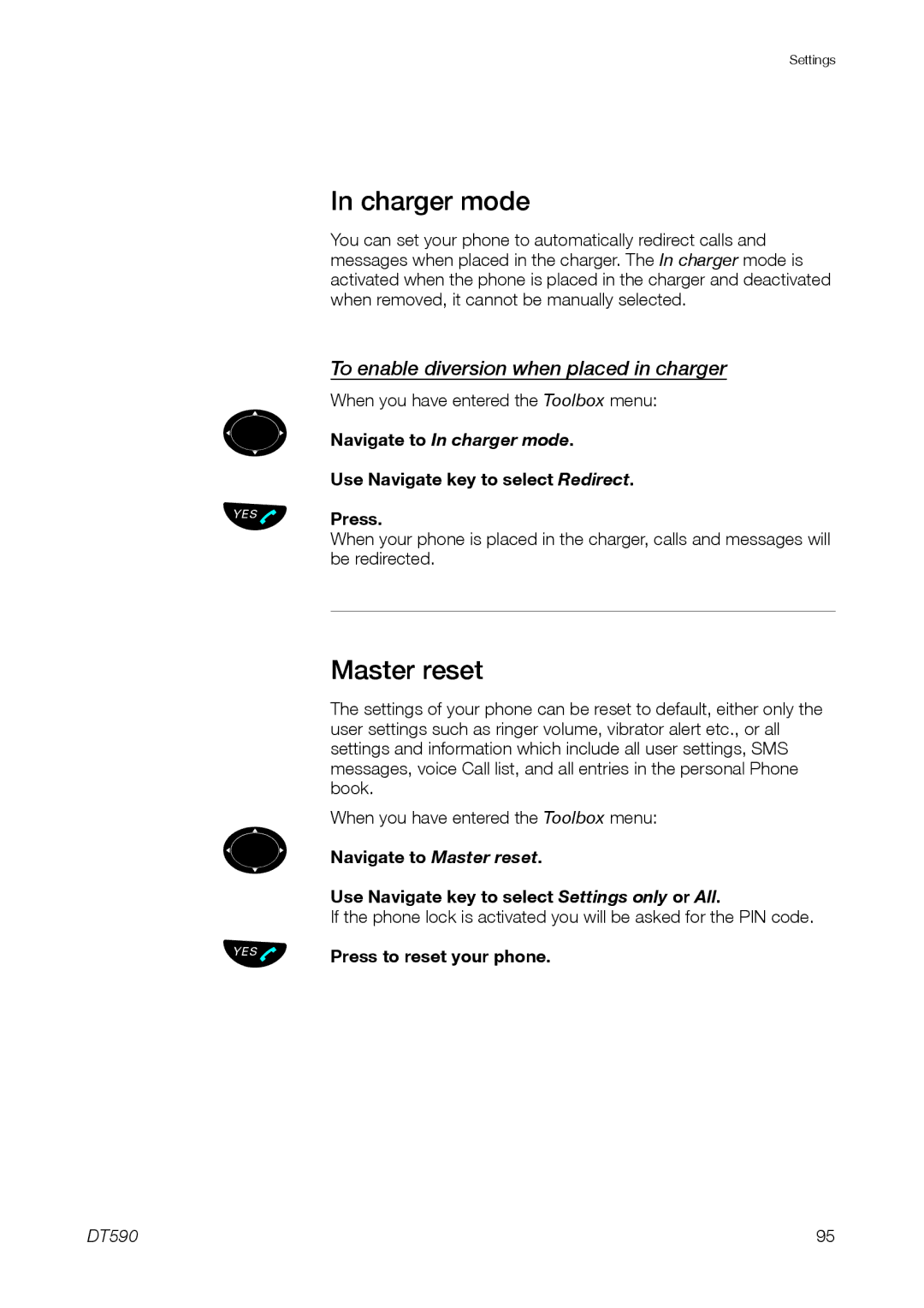 Ericsson DT59C manual Charger mode, Master reset, To enable diversion when placed in charger, Press to reset your phone 