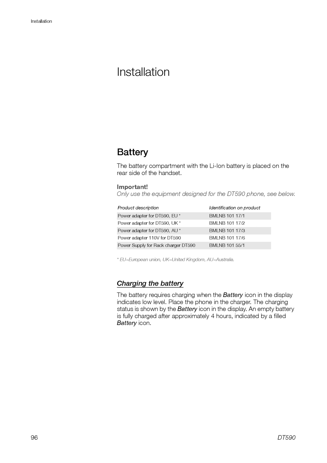 Ericsson DT59C manual Installation, Battery, Charging the battery 