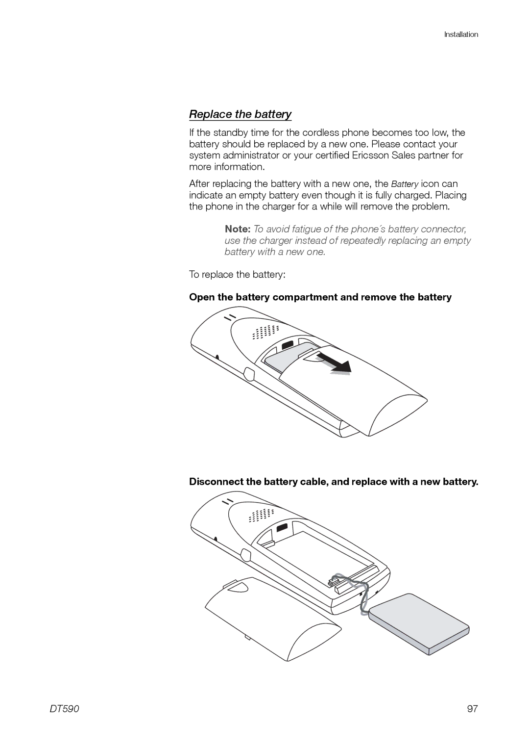 Ericsson DT59C manual Replace the battery 