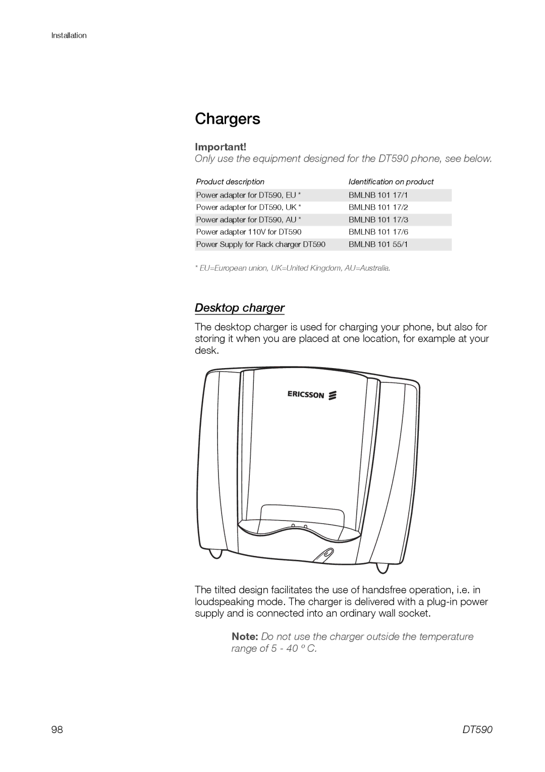 Ericsson DT59C manual Chargers, Desktop charger 