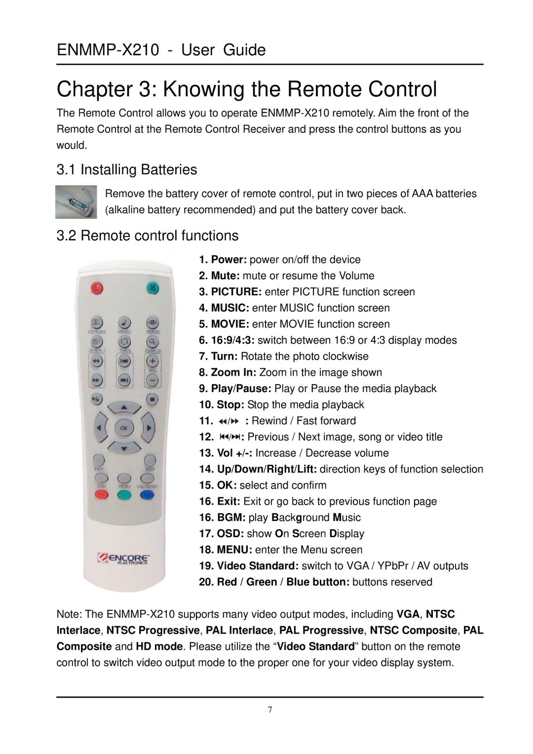 Ericsson ENMMP-X210 manual Installing Batteries, Remote control functions 