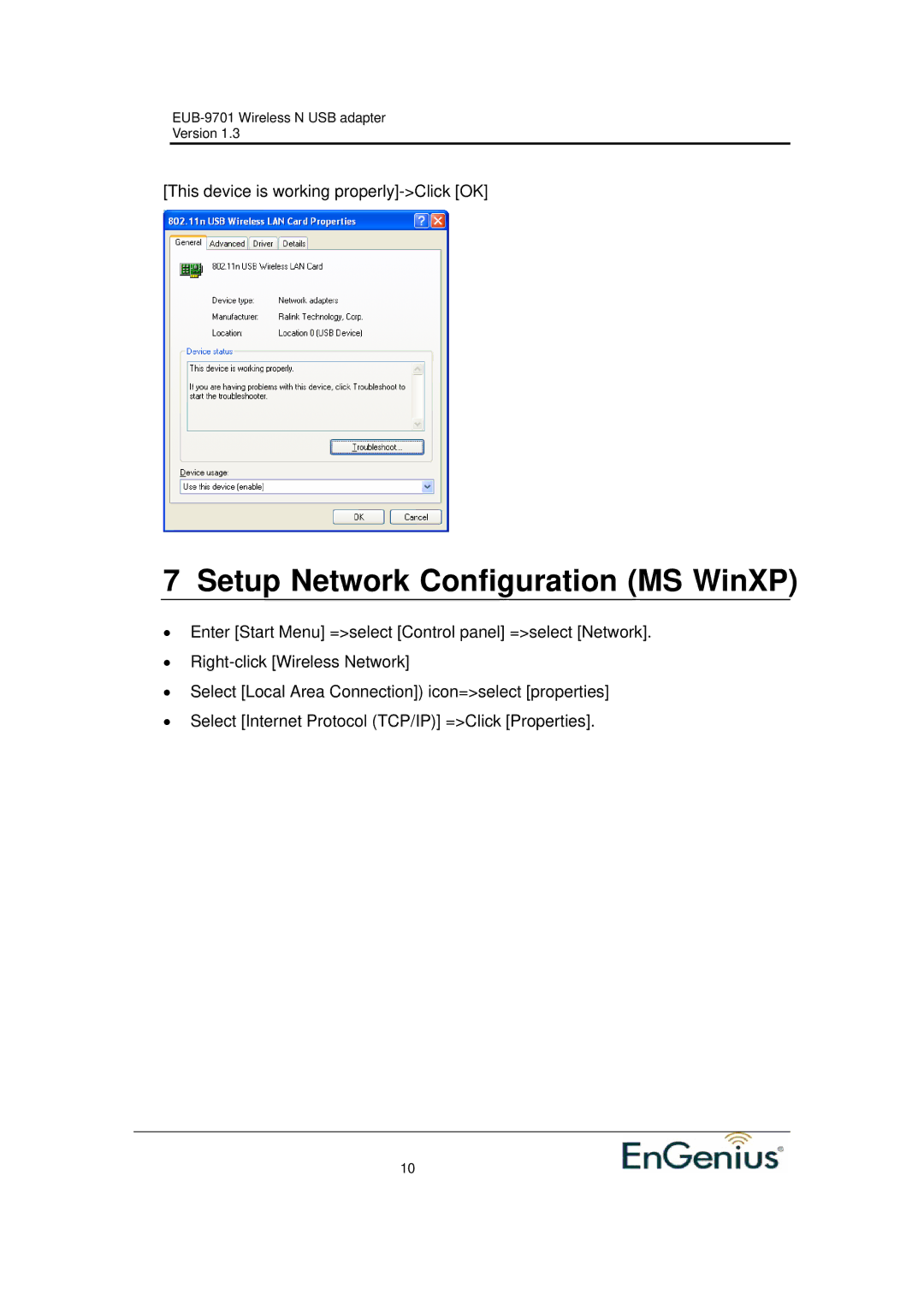 Ericsson EUB-9701 EXT2 user manual Setup Network Configuration MS WinXP 