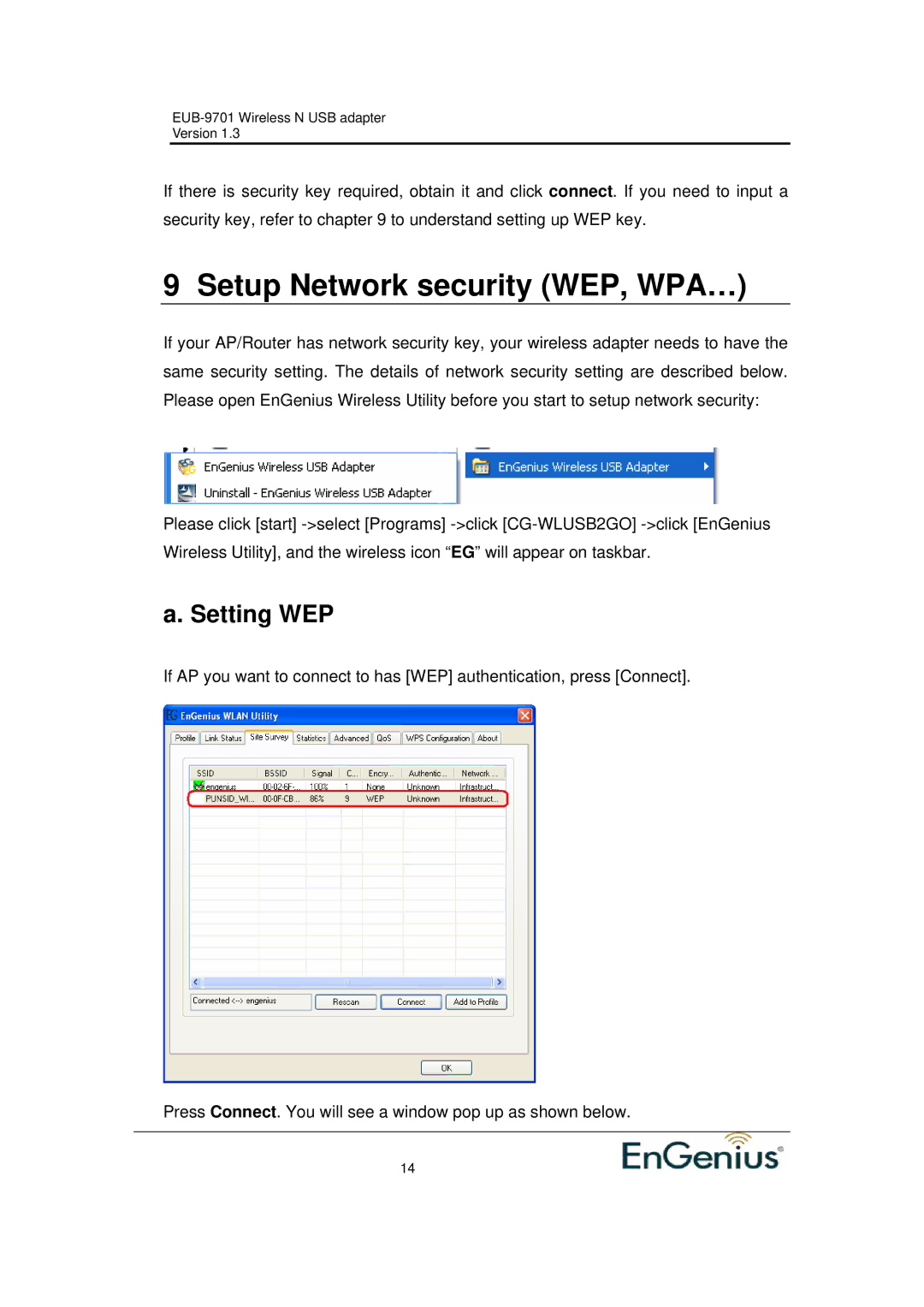 Ericsson EUB-9701 EXT2 user manual Setup Network security WEP, WPA…, Setting WEP 