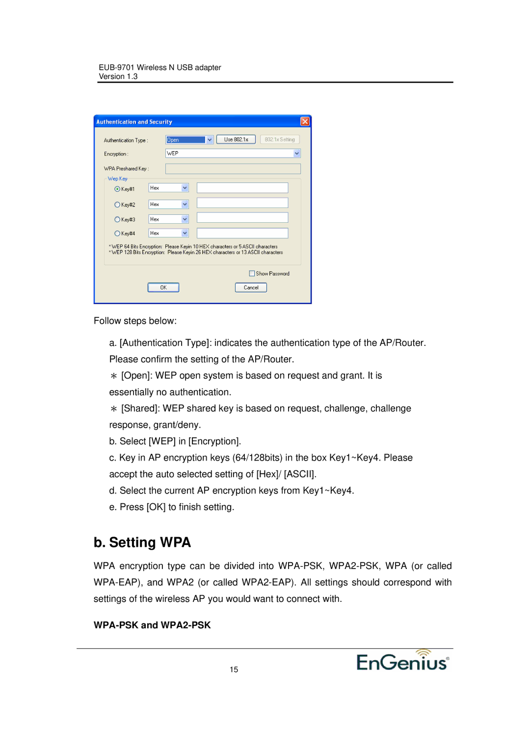 Ericsson EUB-9701 EXT2 user manual Setting WPA 