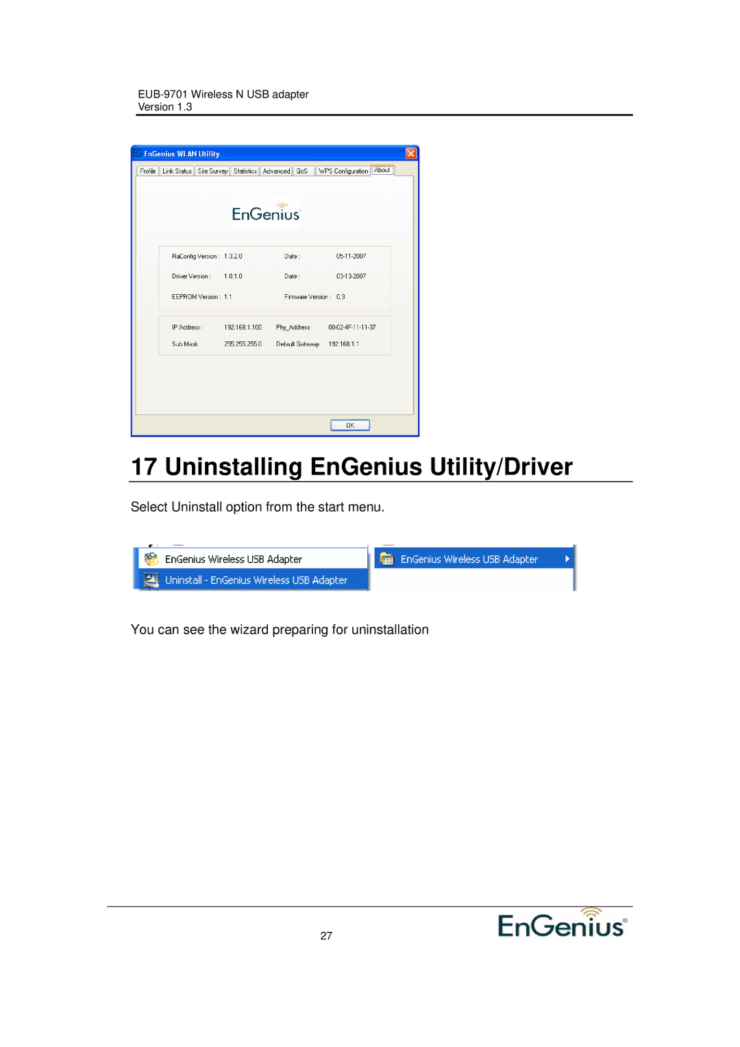 Ericsson EUB-9701 EXT2 user manual Uninstalling EnGenius Utility/Driver 