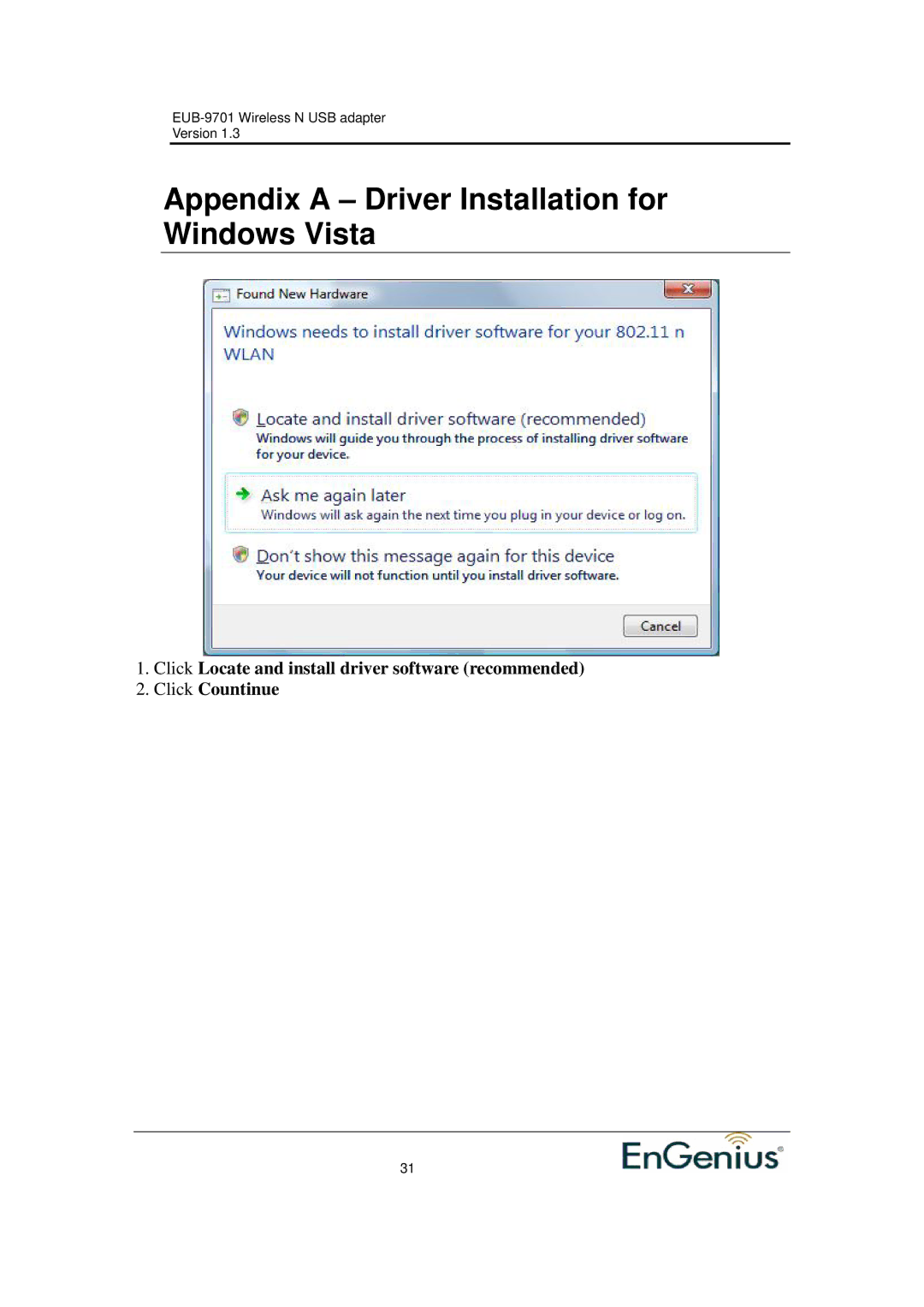 Ericsson EUB-9701 EXT2 user manual Appendix a Driver Installation for Windows Vista 