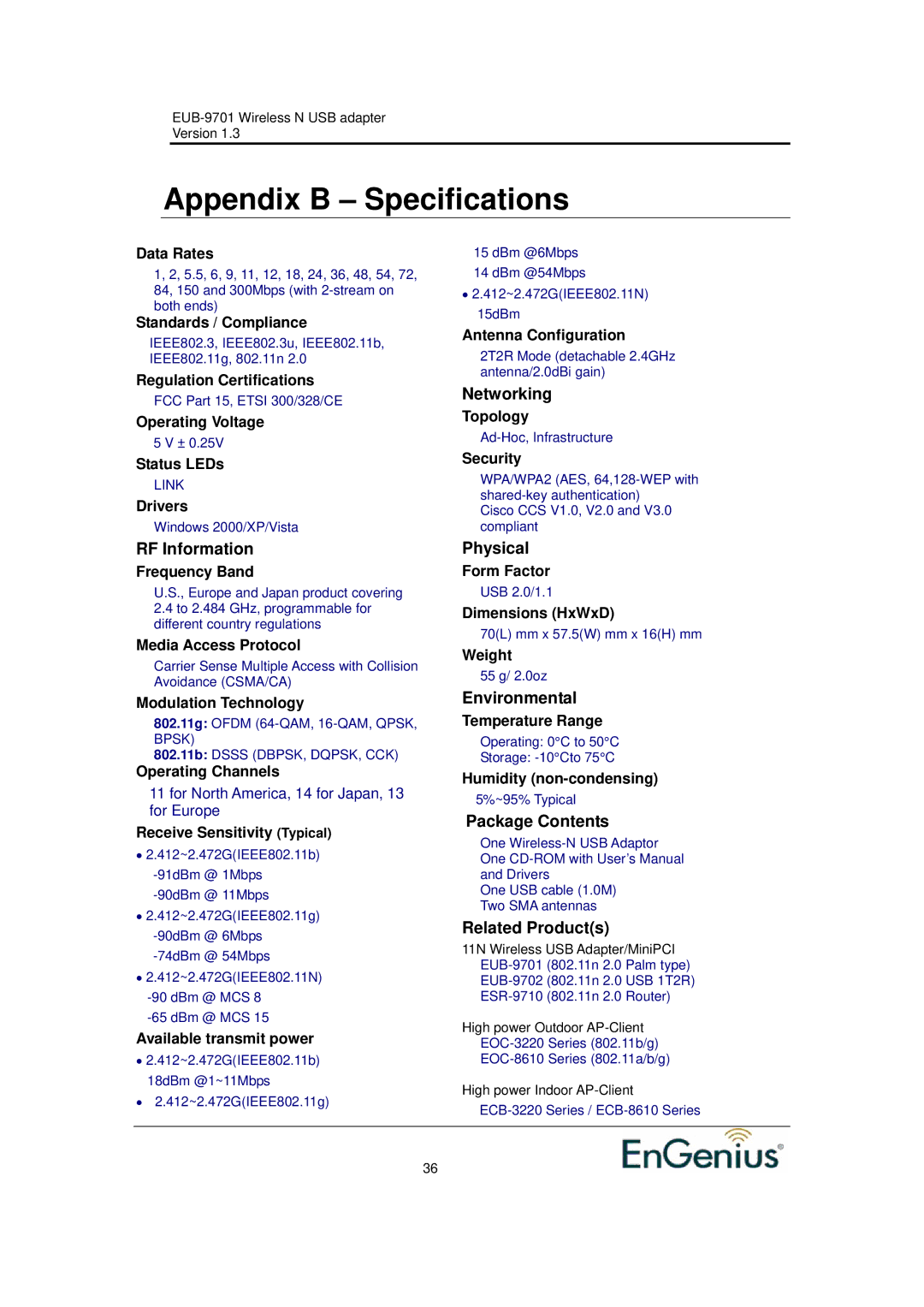 Ericsson EUB-9701 EXT2 user manual Appendix B Specifications, RF Information 