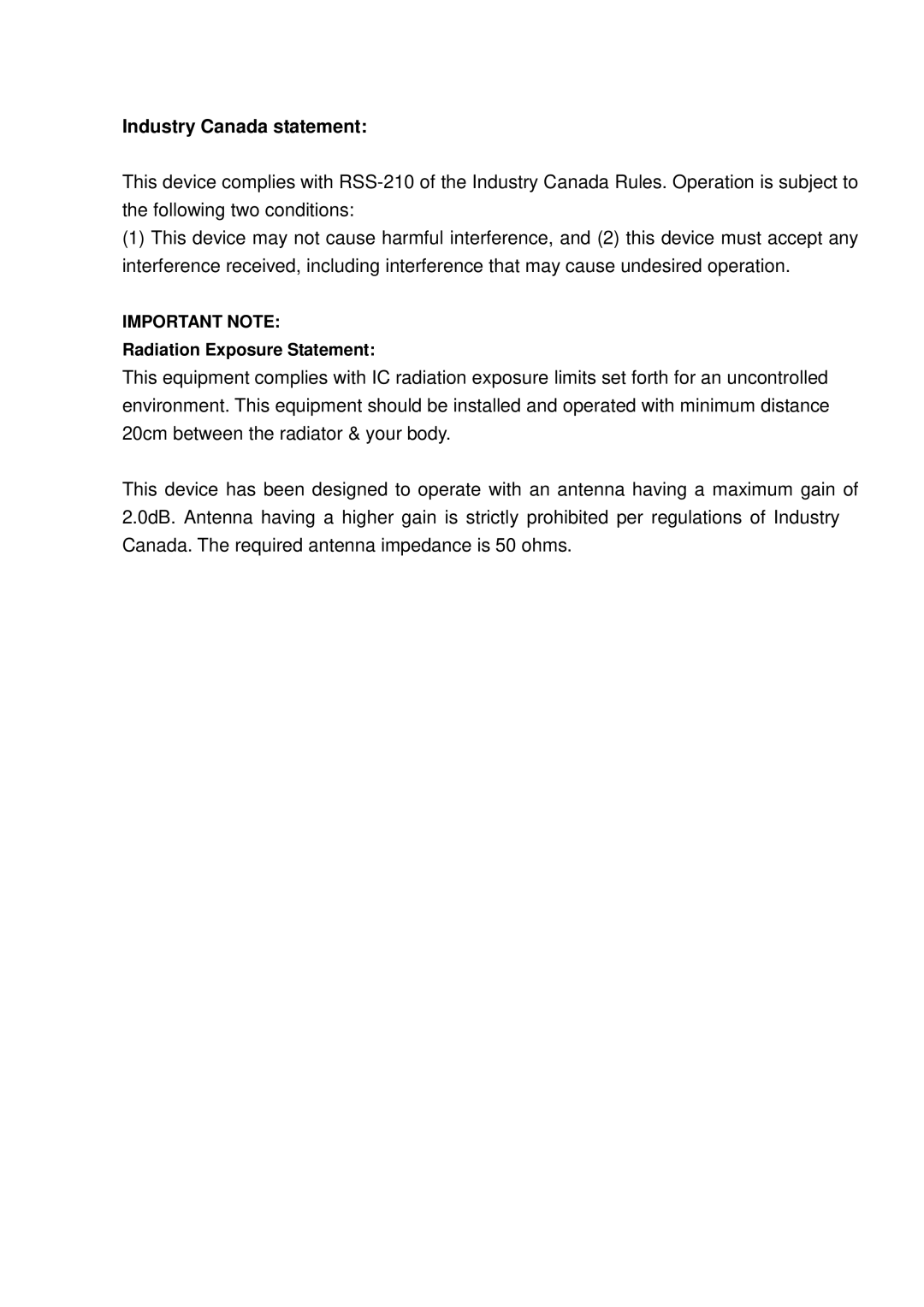 Ericsson EUB-9701 EXT2 user manual Industry Canada statement 