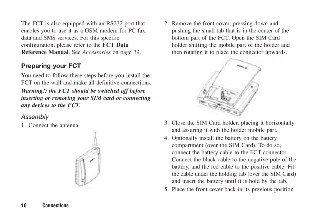 Ericsson F221m Preparing your FCT, Assembly, Connect the antenna, Place the front cover back in its previous position 