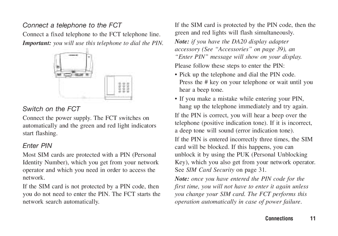 Ericsson F221m Connect a telephone to the FCT, Connect a fixed telephone to the FCT telephone line, Switch on the FCT 