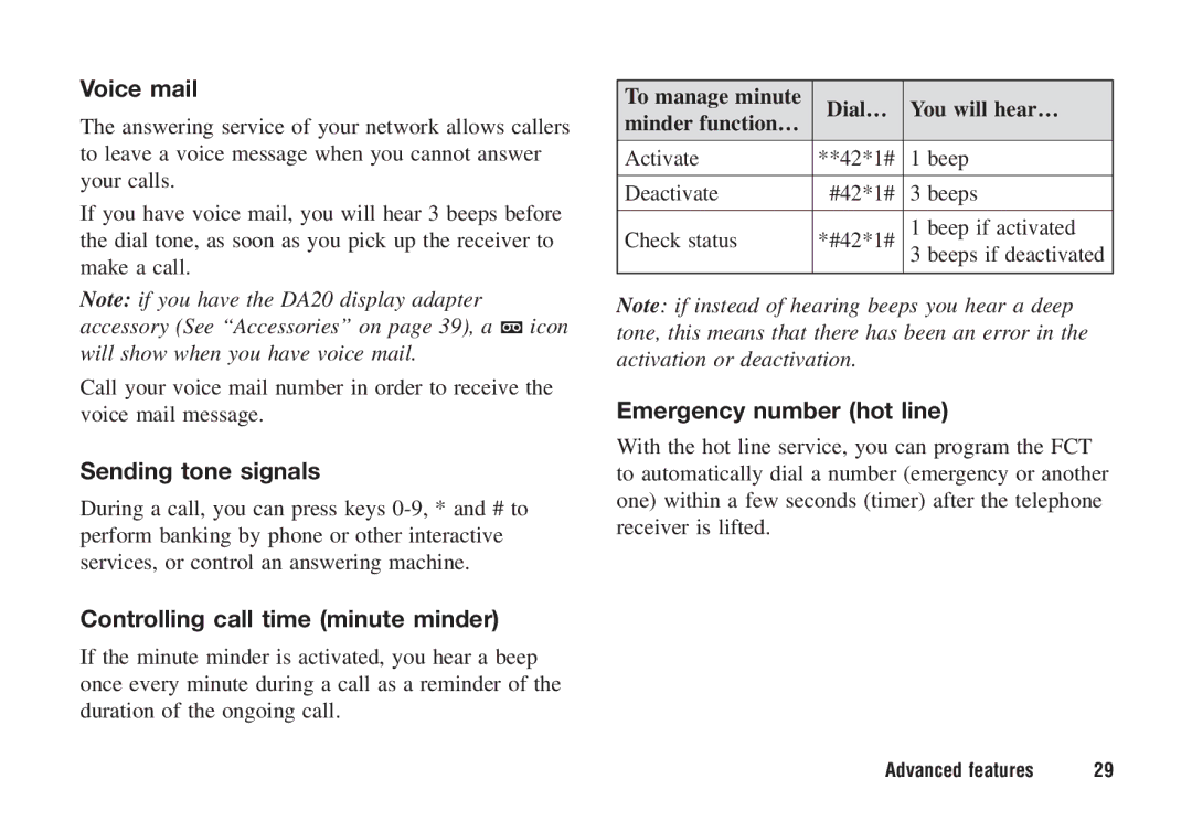 Ericsson F221m manual Voice mail, Sending tone signals, Controlling call time minute minder, Dial… You will hear… 