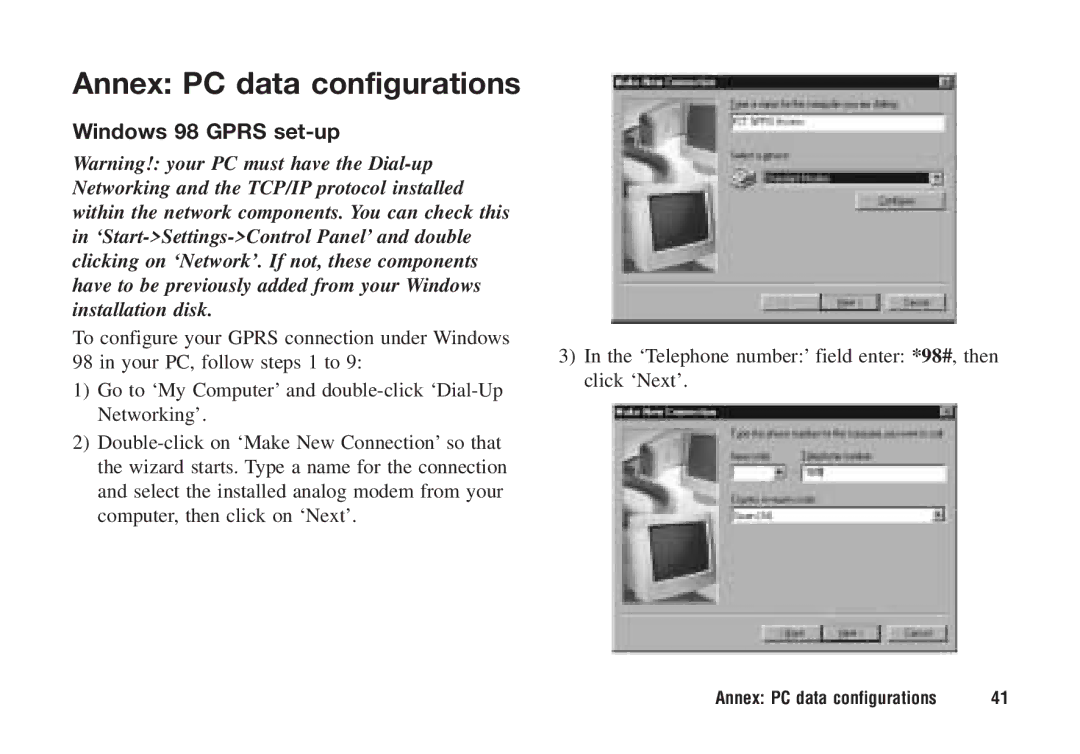 Ericsson F221m manual Annex PC data configurations, Windows 98 Gprs set-up 