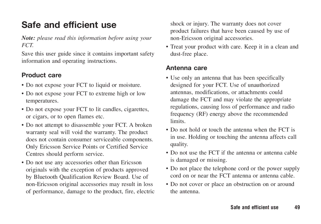 Ericsson F221m manual Safe and efficient use, Product care, Antenna care 