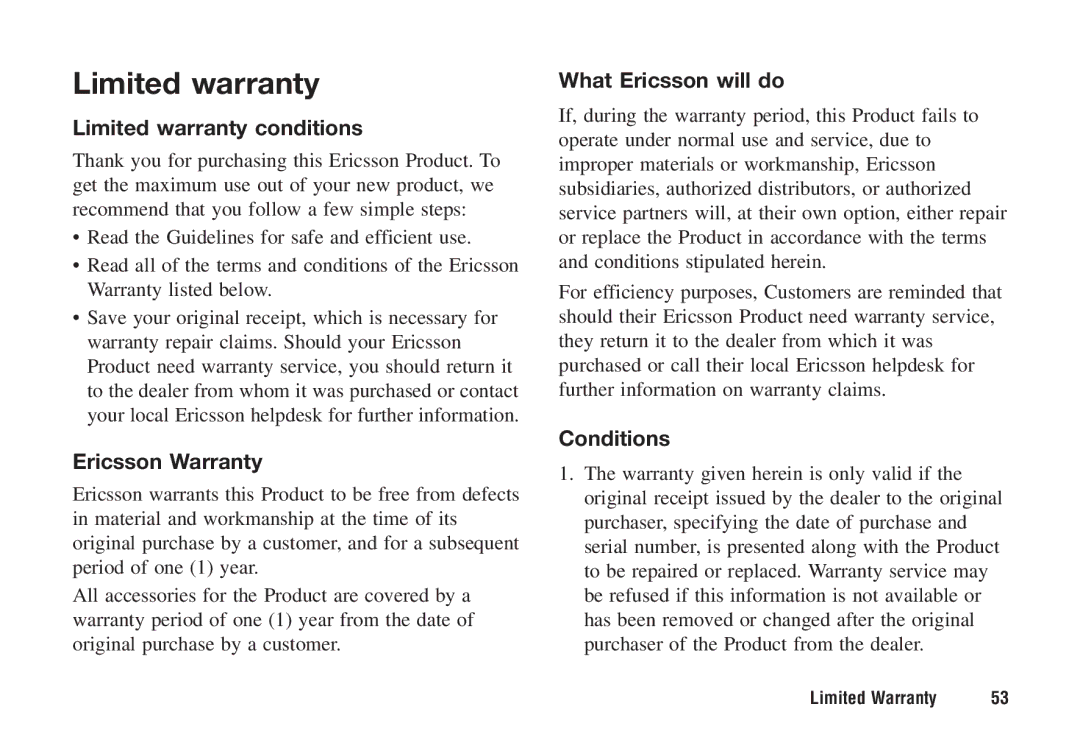 Ericsson F221m manual Limited warranty conditions, Ericsson Warranty, What Ericsson will do, Conditions 