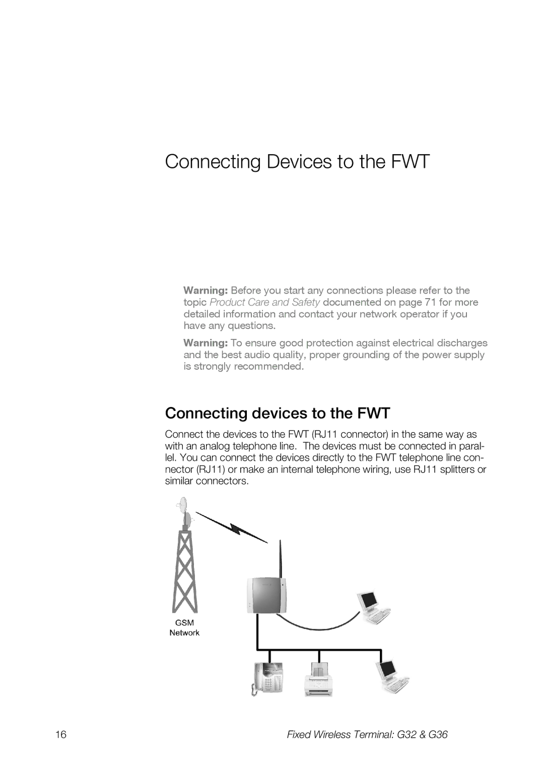 Ericsson G36, G32 manual Connecting Devices to the FWT, Connecting devices to the FWT 