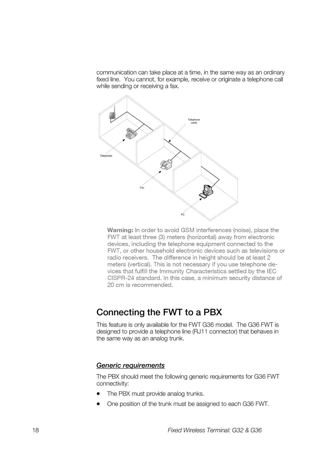 Ericsson G36, G32 manual Connecting the FWT to a PBX, Generic requirements 