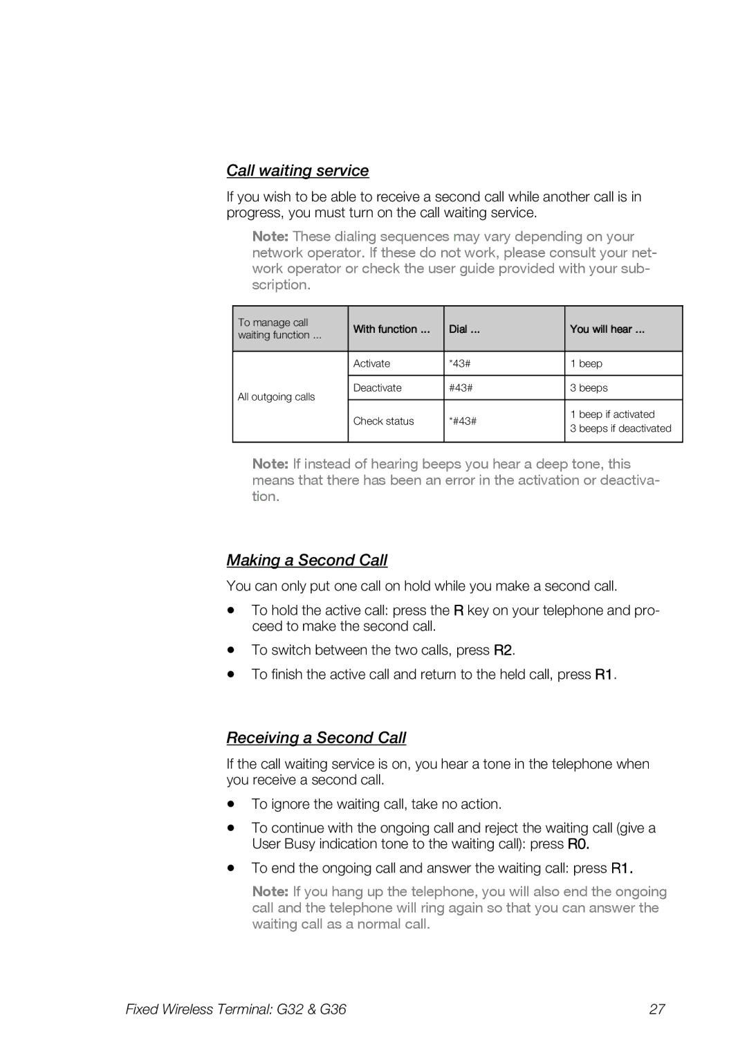 Ericsson G32, G36 manual Call waiting service, Making a Second Call, Receiving a Second Call 