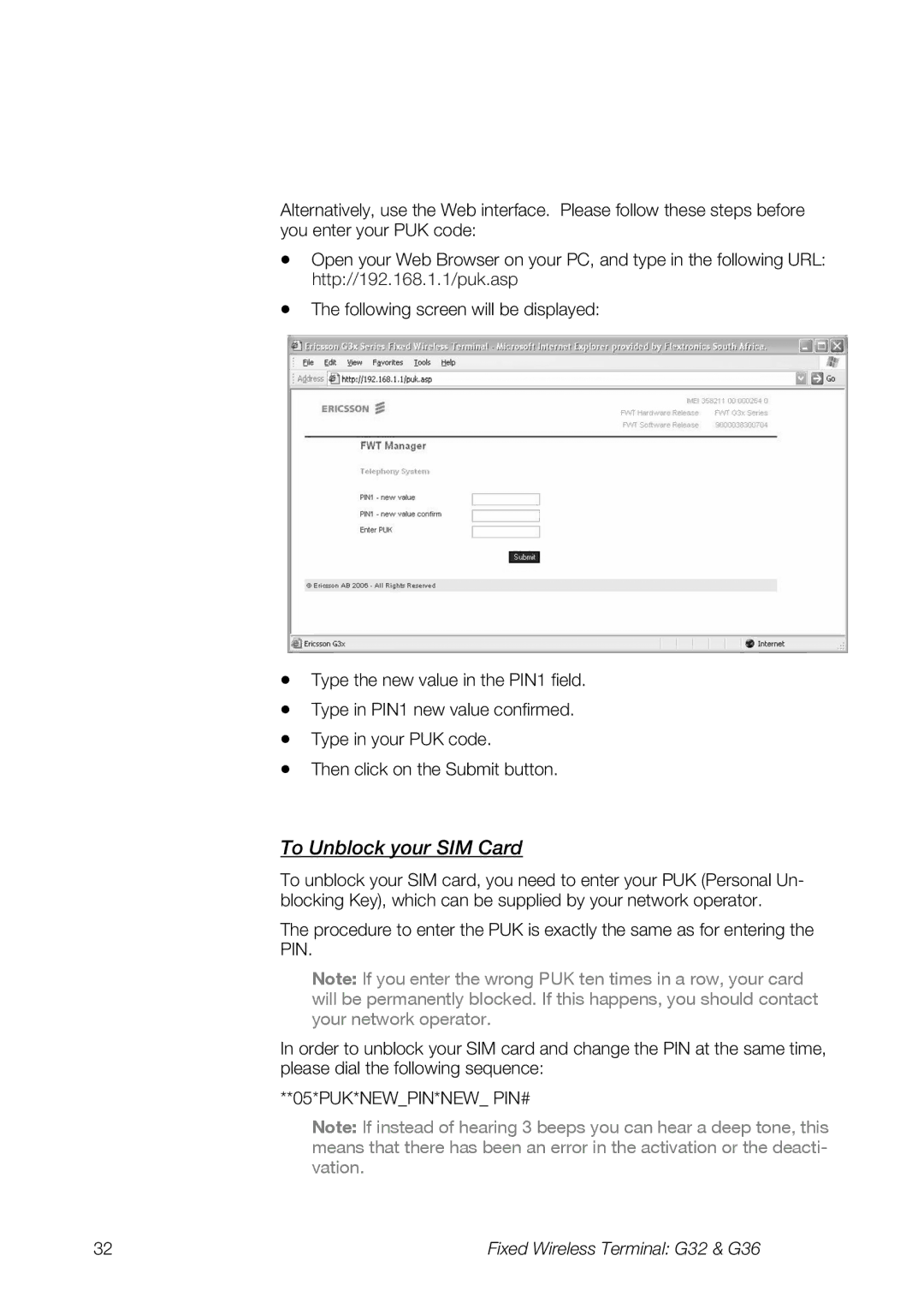 Ericsson G36, G32 manual To Unblock your SIM Card, Pin 