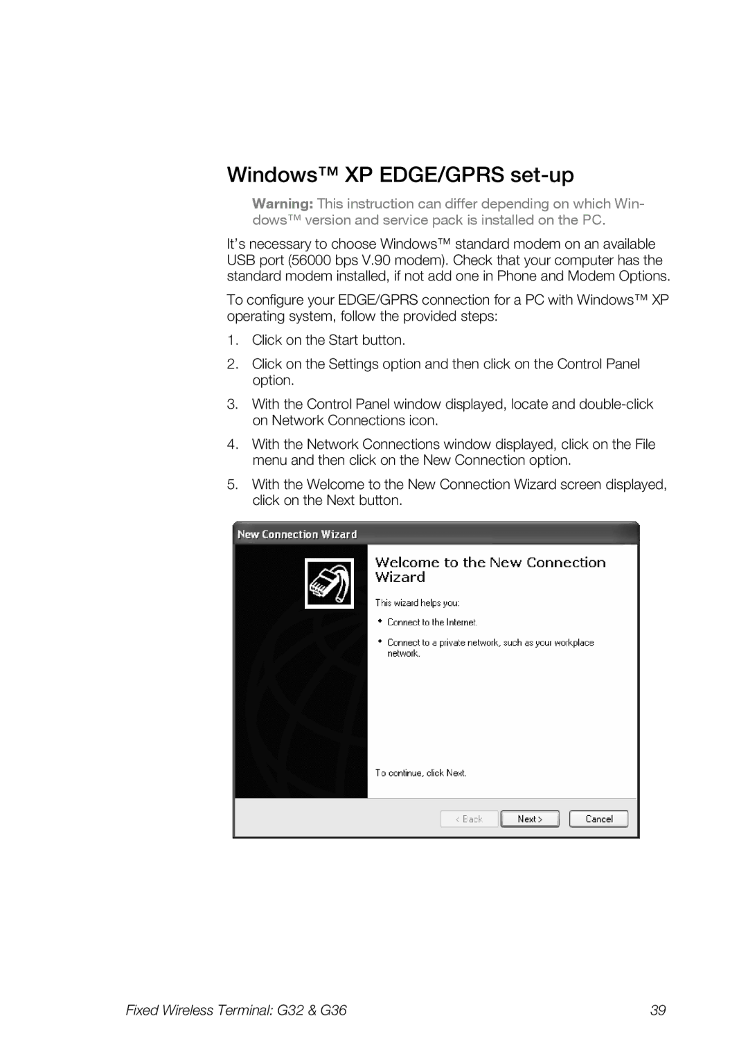 Ericsson G32, G36 manual Windows XP EDGE/GPRS set-up 