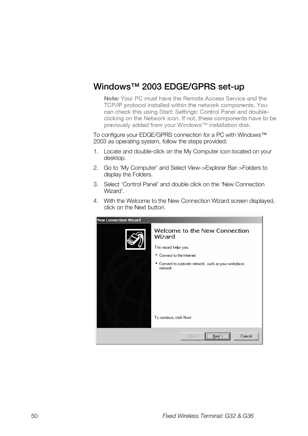 Ericsson G36, G32 manual Windows 2003 EDGE/GPRS set-up 