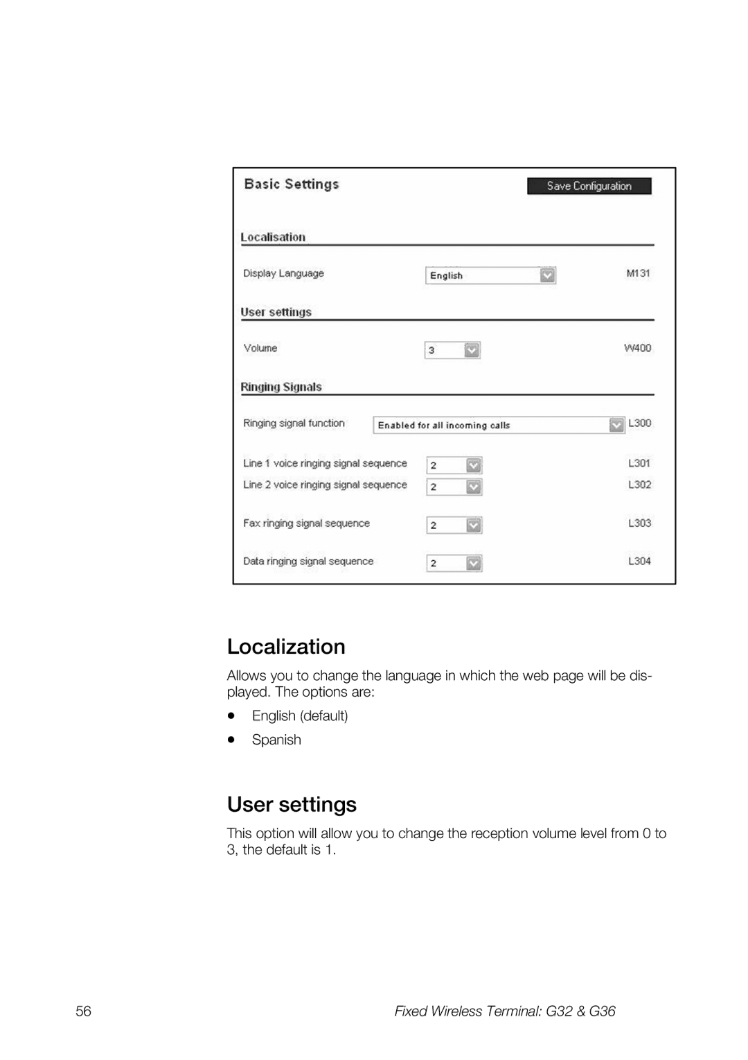 Ericsson G36, G32 manual Localization, User settings 