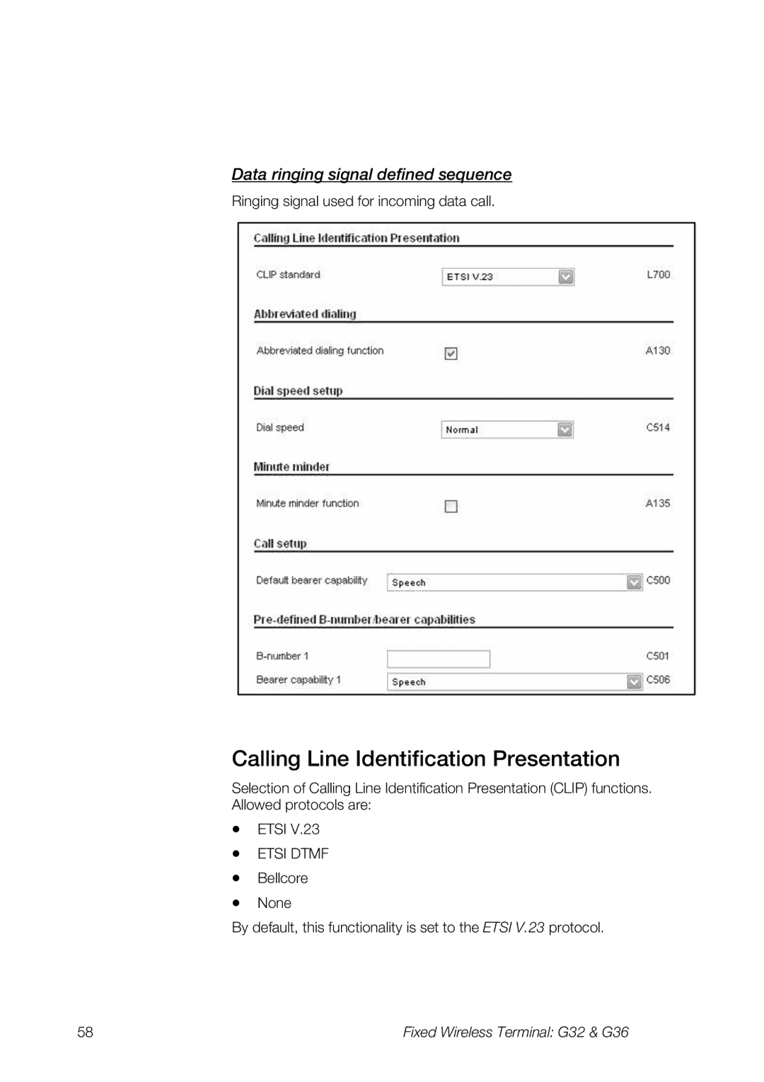 Ericsson G36, G32 manual Calling Line Identification Presentation, Data ringing signal defined sequence 