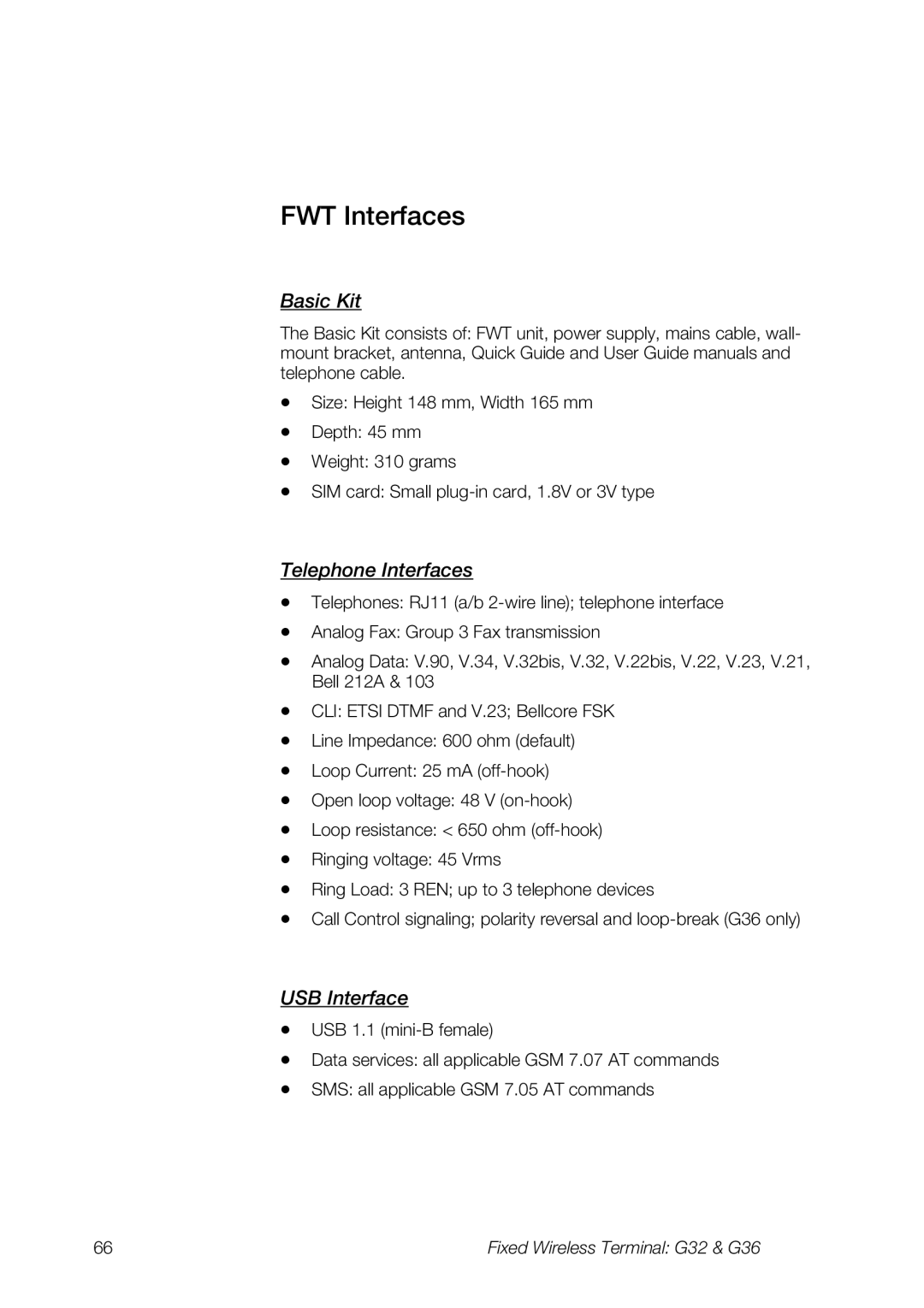 Ericsson G36, G32 manual FWT Interfaces, Basic Kit, Telephone Interfaces, USB Interface 