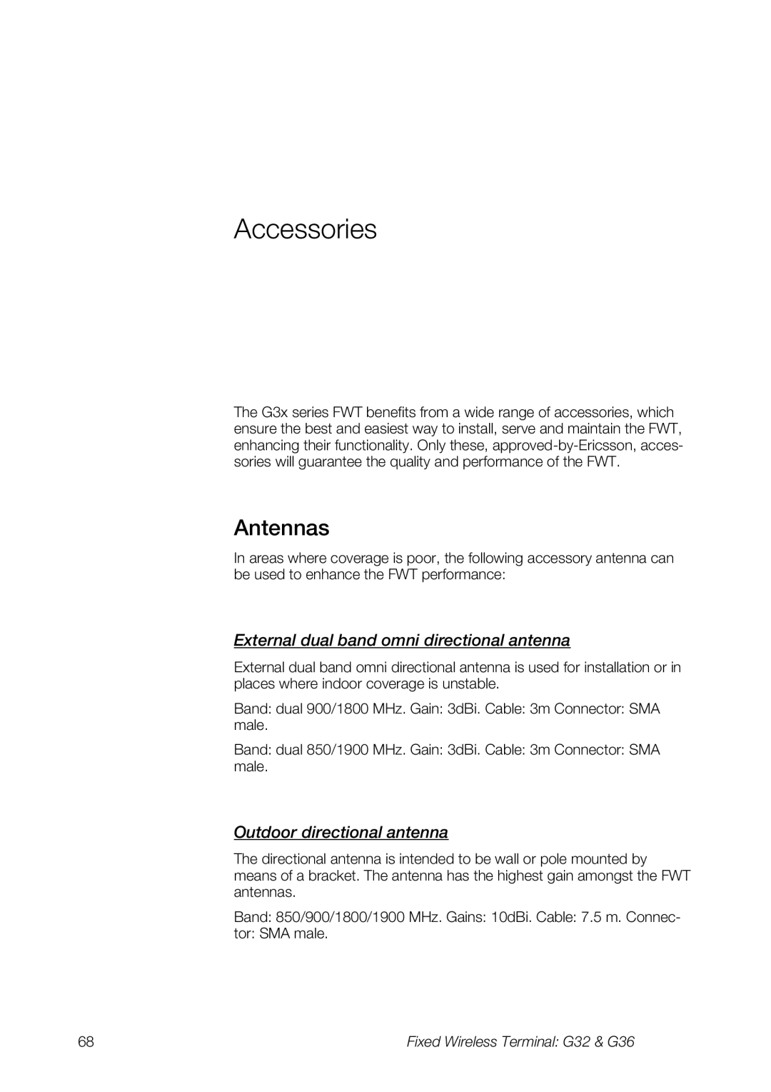 Ericsson G36, G32 manual Accessories, Antennas, External dual band omni directional antenna, Outdoor directional antenna 