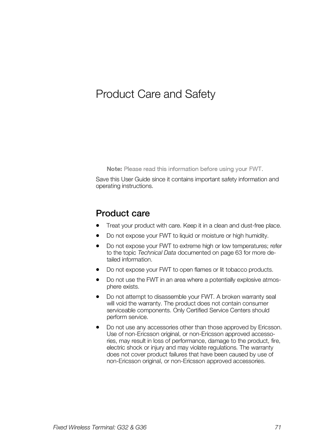 Ericsson G32, G36 manual Product Care and Safety, Product care 