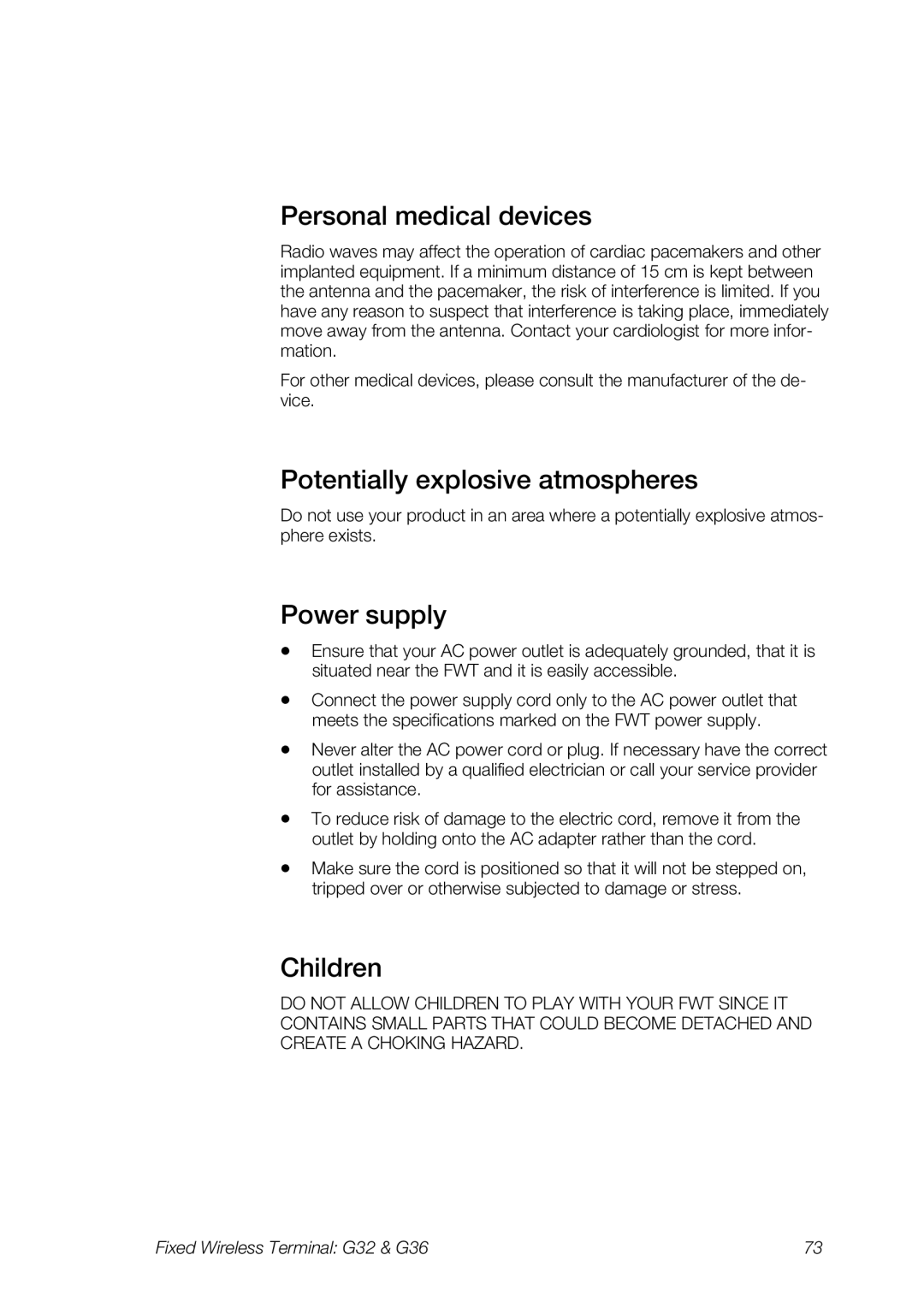 Ericsson G32, G36 manual Personal medical devices, Potentially explosive atmospheres, Power supply, Children 