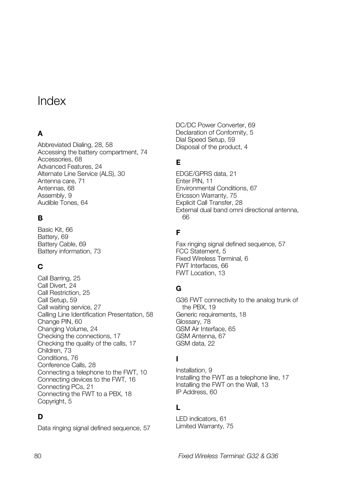 Ericsson G36, G32 manual Index 