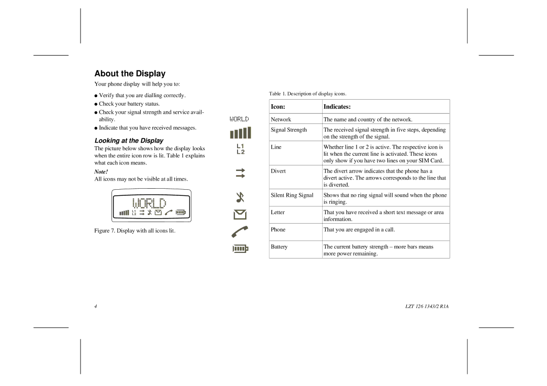 Ericsson GF768 user manual About the Display, Icon Indicates, Looking at the Display 