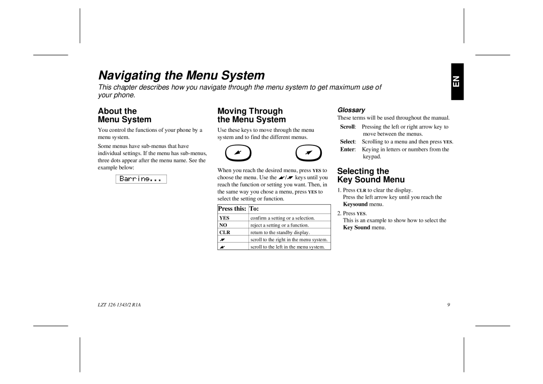 Ericsson GF768 Navigating the Menu System, About Menu System, Moving Through the Menu System, Selecting Key Sound Menu 