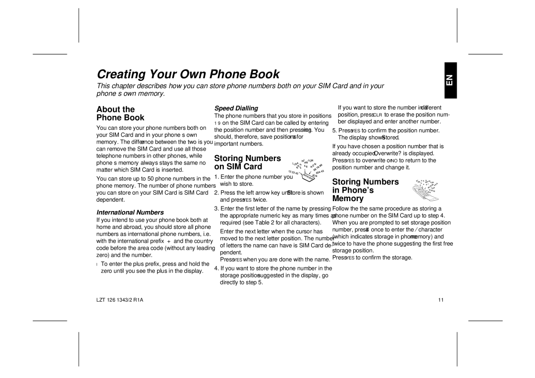 Ericsson GF768 Creating Your Own Phone Book, About Phone Book, Storing Numbers on SIM Card, Storing Numbers Phone’s Memory 