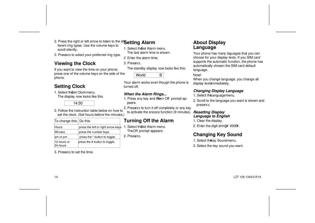 Ericsson GF768 user manual Viewing the Clock, Setting Clock, Setting Alarm, Turning Off the Alarm, About Display Language 