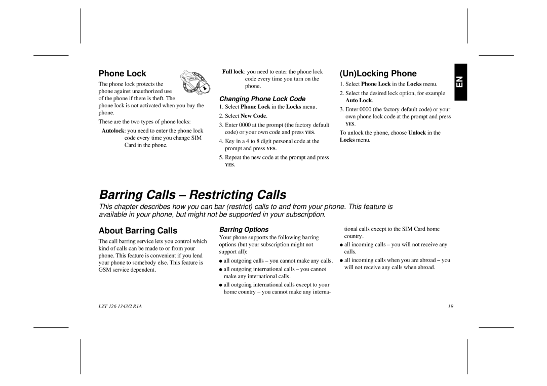 Ericsson GF768 user manual Barring Calls Restricting Calls, Phone Lock, UnLocking Phone, About Barring Calls 