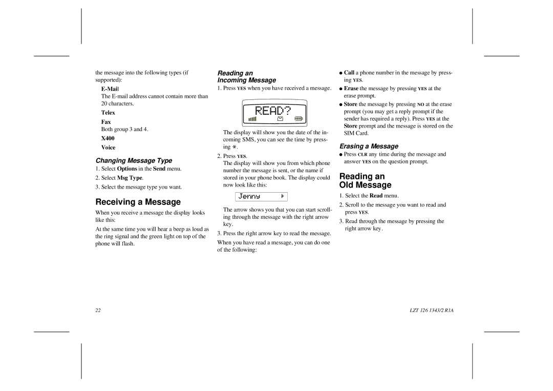 Ericsson GF768 user manual Receiving a Message, Reading an Old Message, Changing Message Type, Reading an Incoming Message 