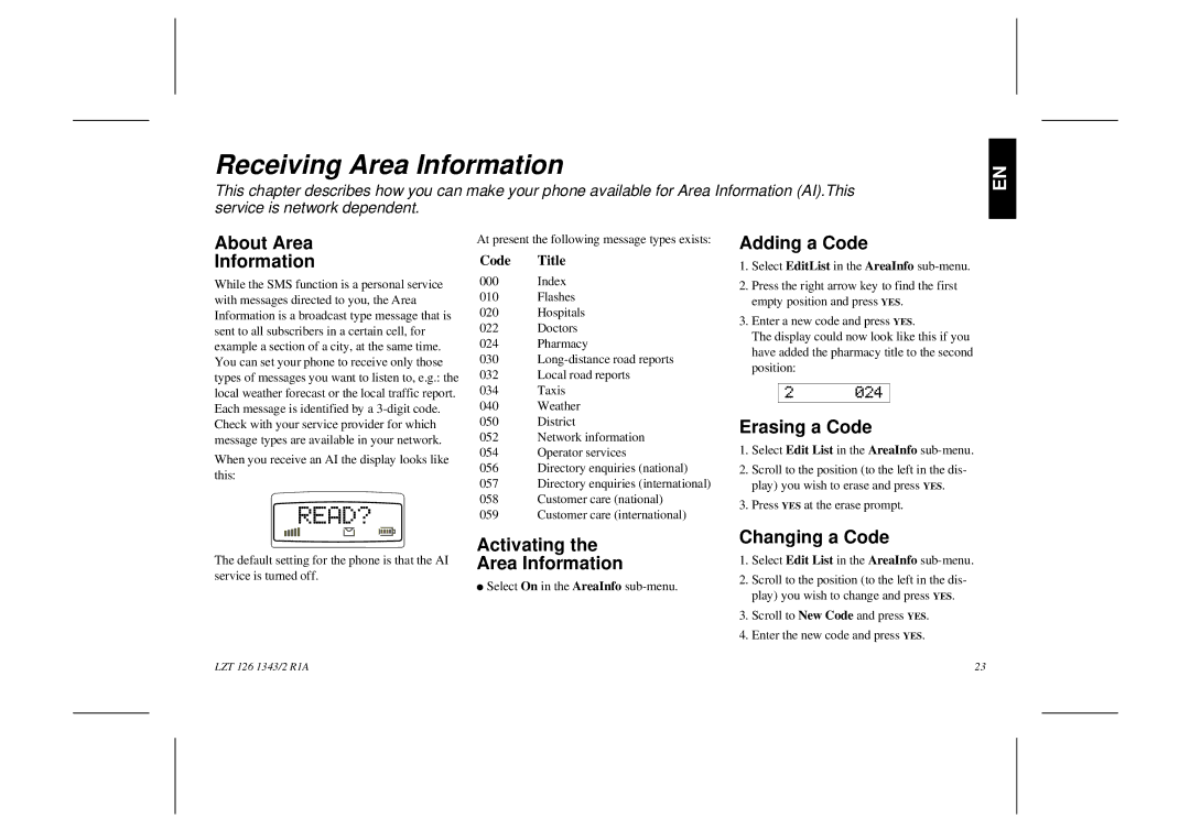 Ericsson GF768 user manual Receiving Area Information 