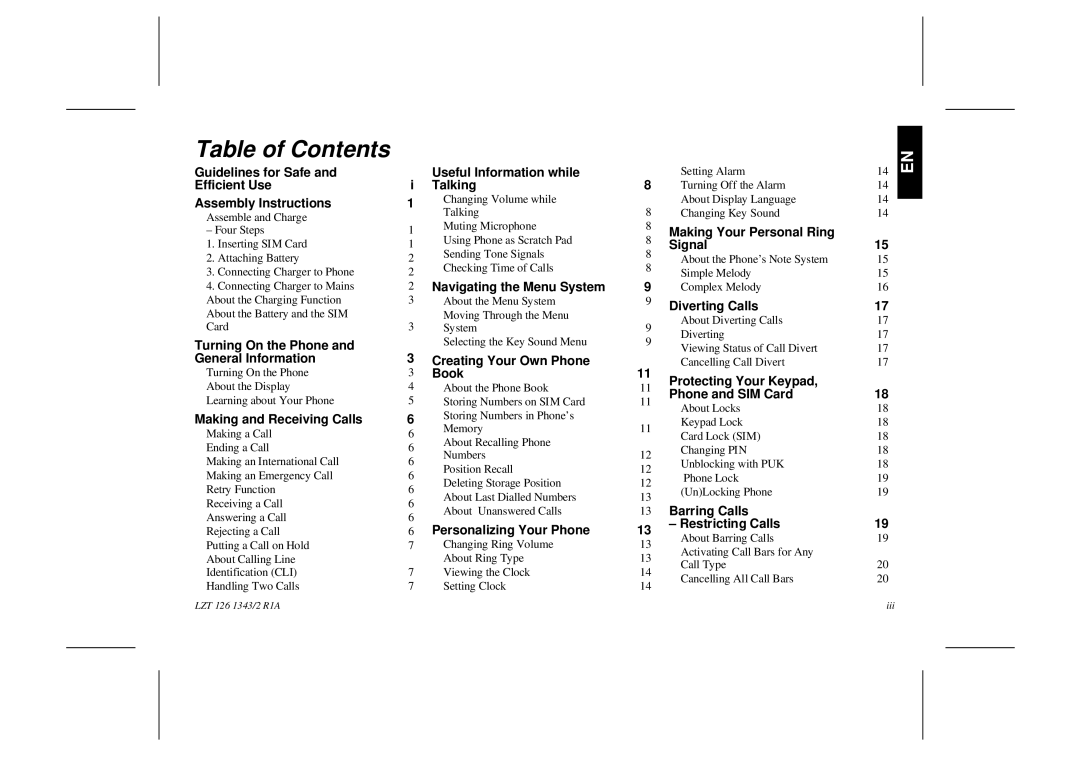 Ericsson GF768 user manual Table of Contents 