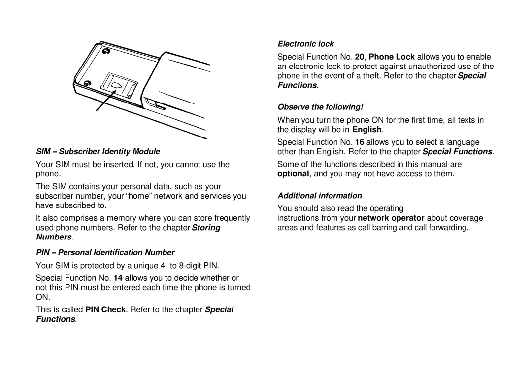 Ericsson GH198 user manual SIM -- Subscriber Identity Module, PIN -- Personal Identification Number, Electronic lock 