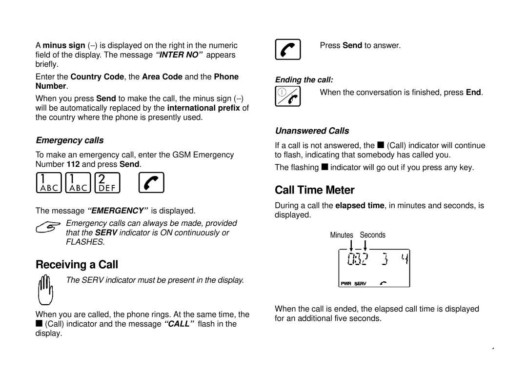 Ericsson GH198 user manual Receiving a Call, Call Time Meter 