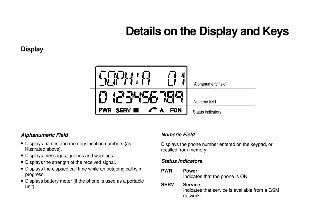 Ericsson GH198 user manual Display, Alphanumeric Field, Numeric Field, Status Indicators 