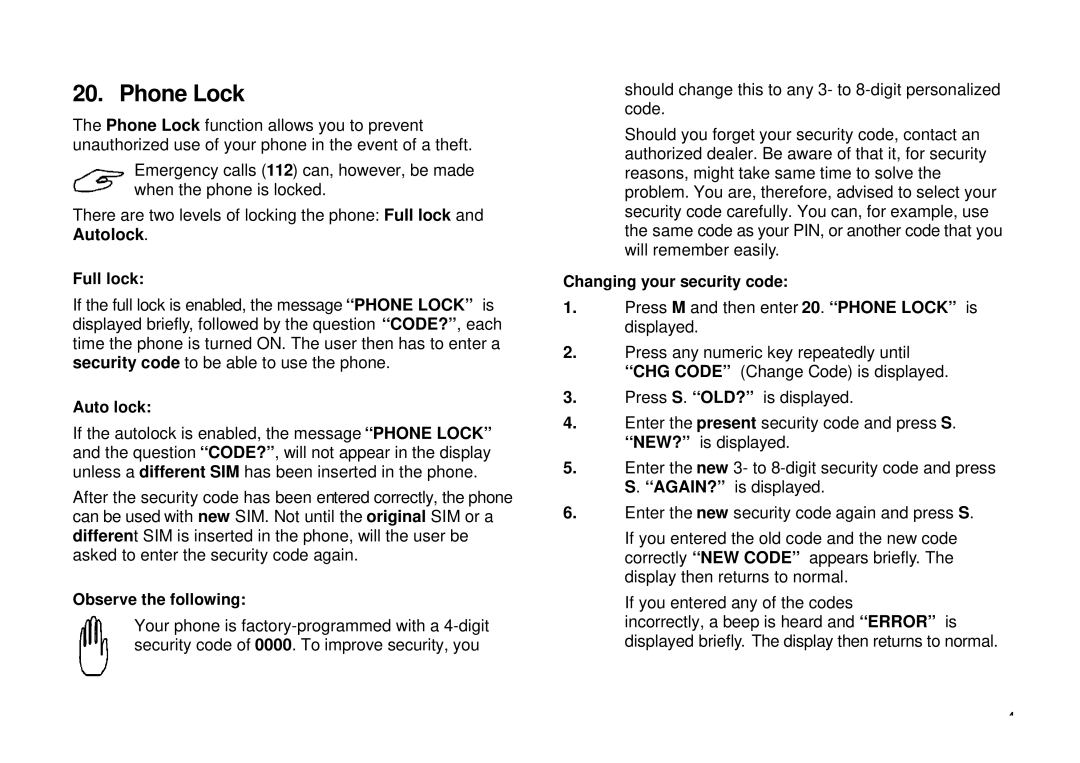 Ericsson GH198 user manual Phone Lock, Full lock, Auto lock, Changing your security code 