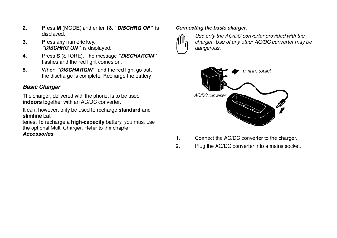 Ericsson GH198 user manual Basic Charger, Connecting the basic charger 