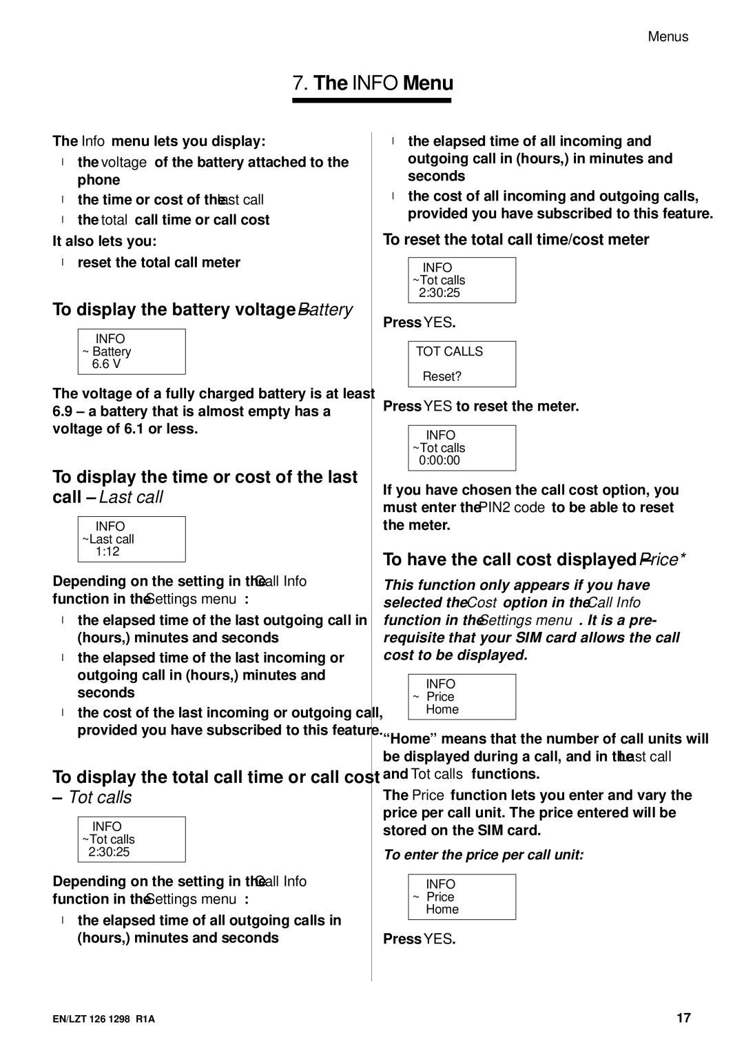 Ericsson GH388/GF388 user manual ~Lastcall, Tot calls 