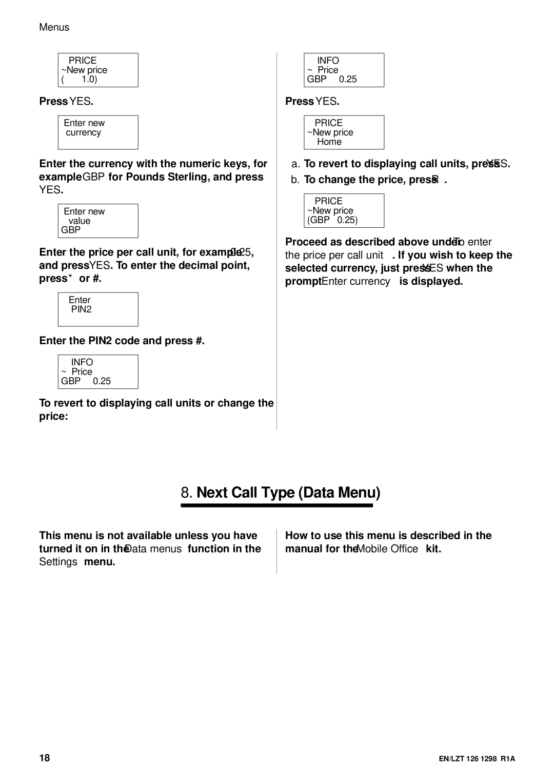 Ericsson GH388/GF388 user manual Next Call Type Data Menu 