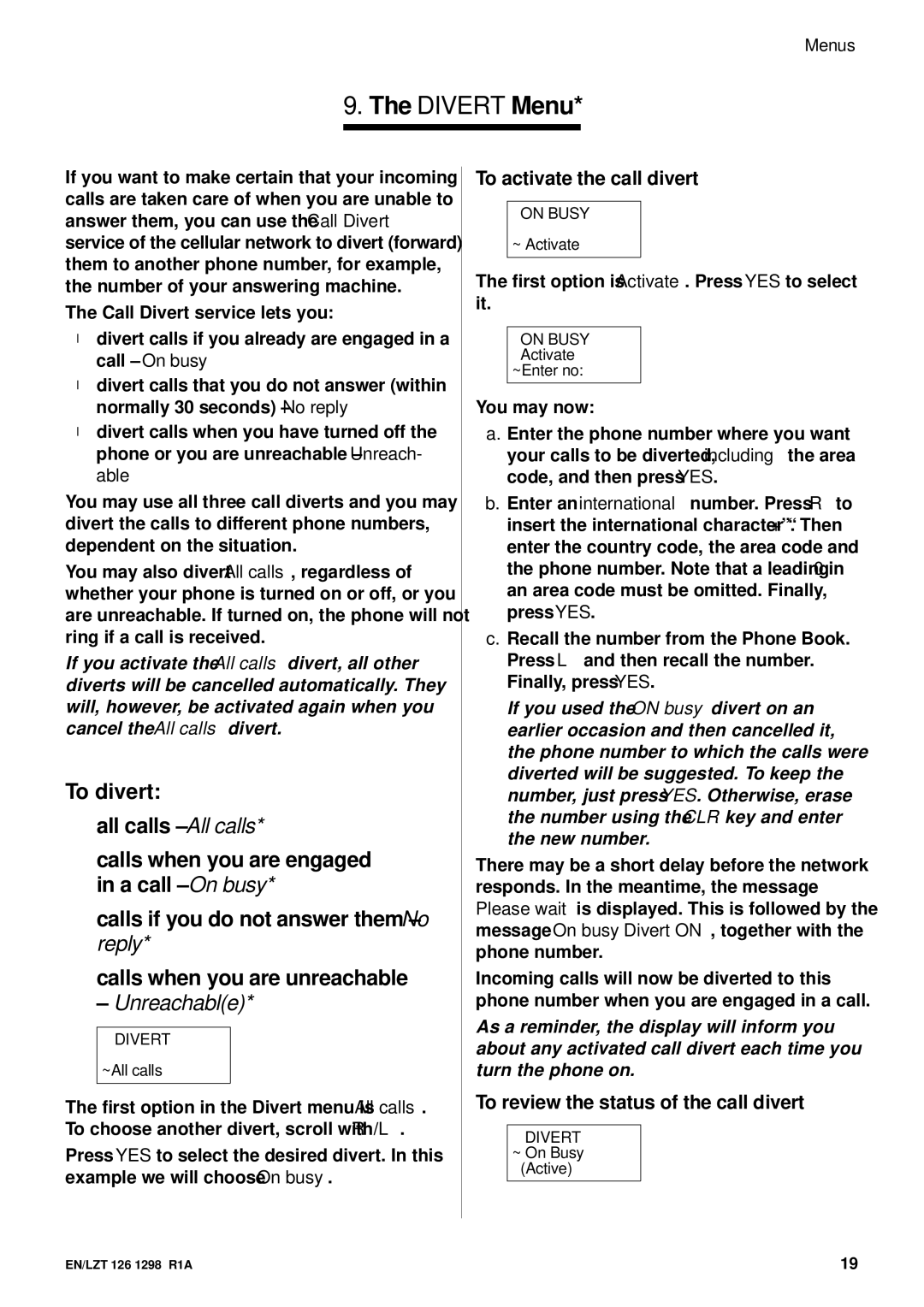 Ericsson GH388/GF388 user manual Divert Menu, To divert All calls All calls, To activa the call divert, Menus 