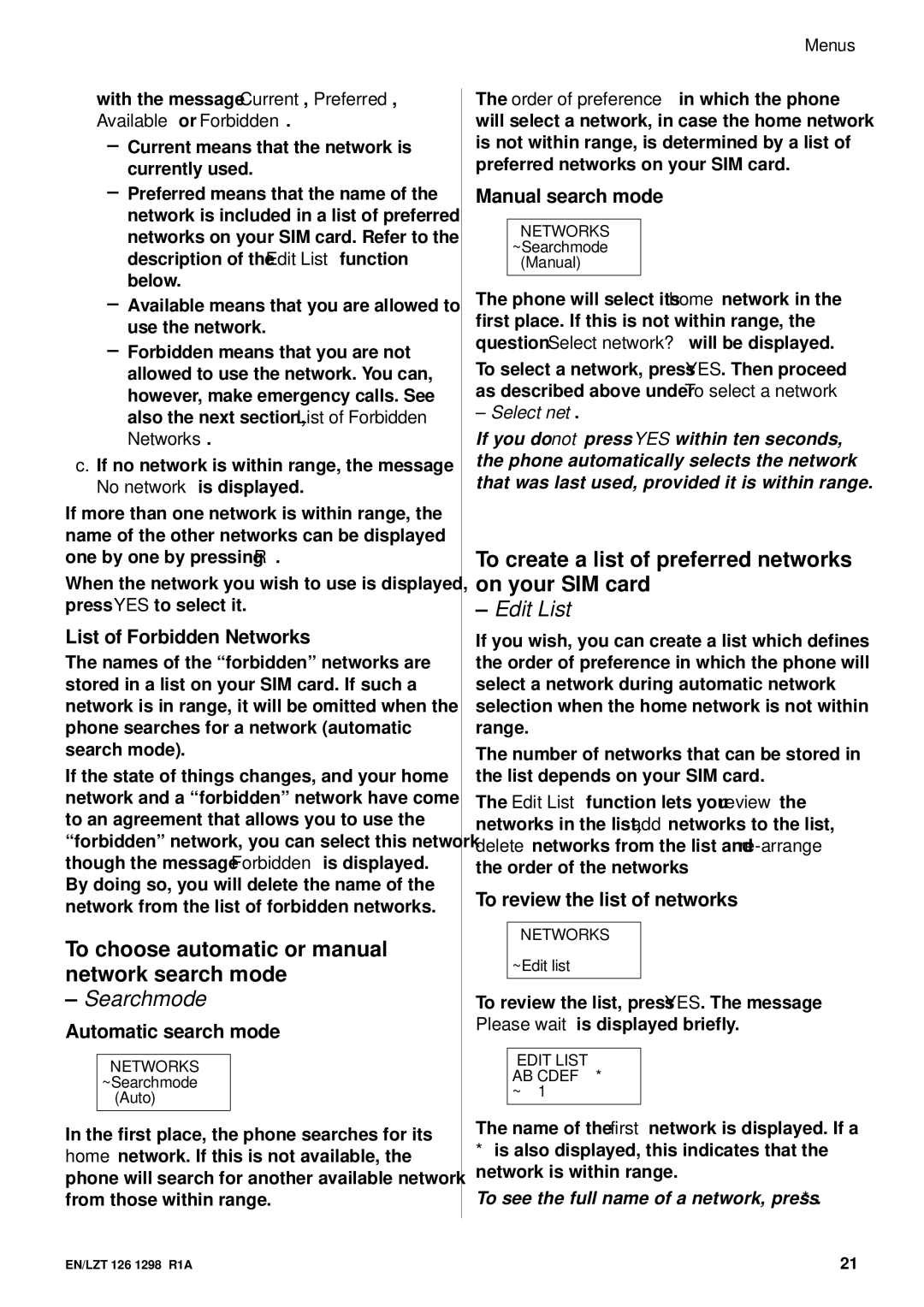 Ericsson GH388/GF388 To choose automatic or manual network search mode, Edit Listlist, List of Forbidden Networks 