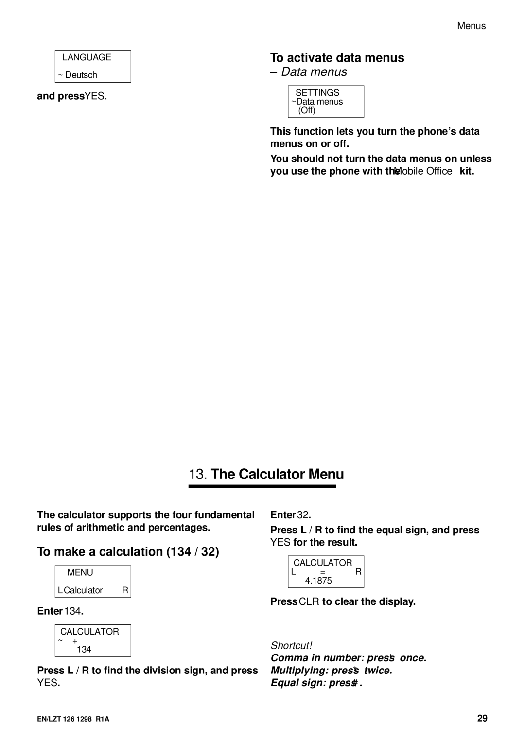 Ericsson GH388/GF388 user manual Calculator Menu, To activate data menus, 134, Shortcut 