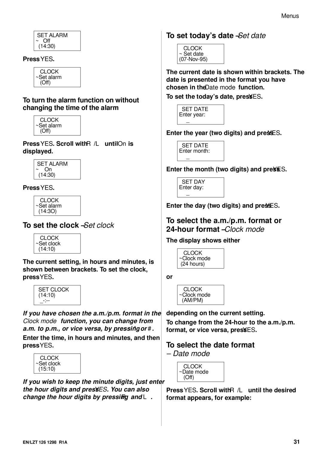 Ericsson GH388/GF388 To select the a. ./p.m. format or 24-hour format Clock mode, To select the date format, Year 